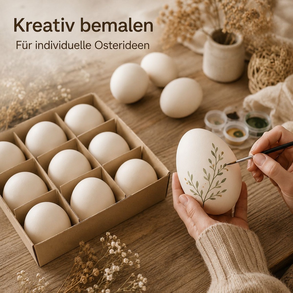 Gänseeier ausgeblasen 12 Stück — Ein Ei wird von Hand mit Pinsel und Farbe bemalt, Farbnäpfe daneben