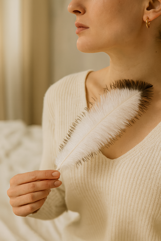 Straußenfeder weiß — Frau hält die Feder vor einem hellen Strickpullover