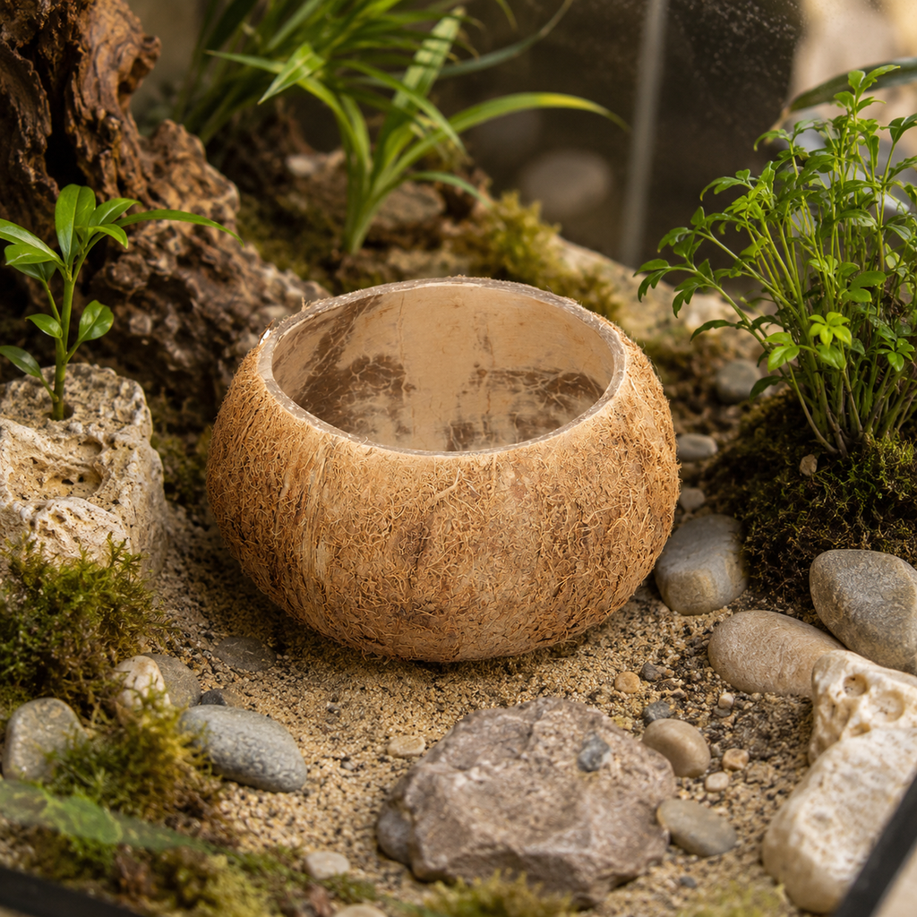 Kokosnuss-Schale — Schale als Versteck im bepflanzten Terrarium zwischen Steinen und Moos