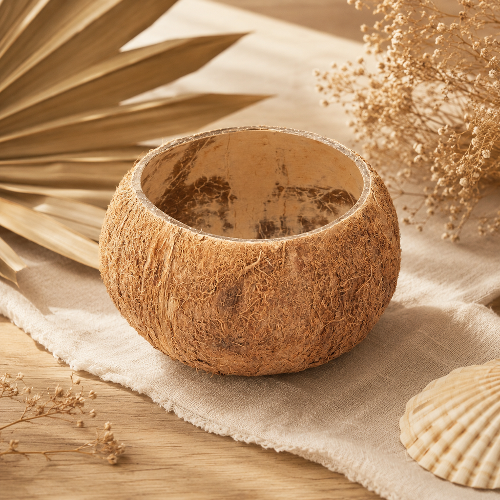 Kokosnuss-Schale — Schale auf Leinentuch neben Palmblatt, Trockengräsern und Muschel