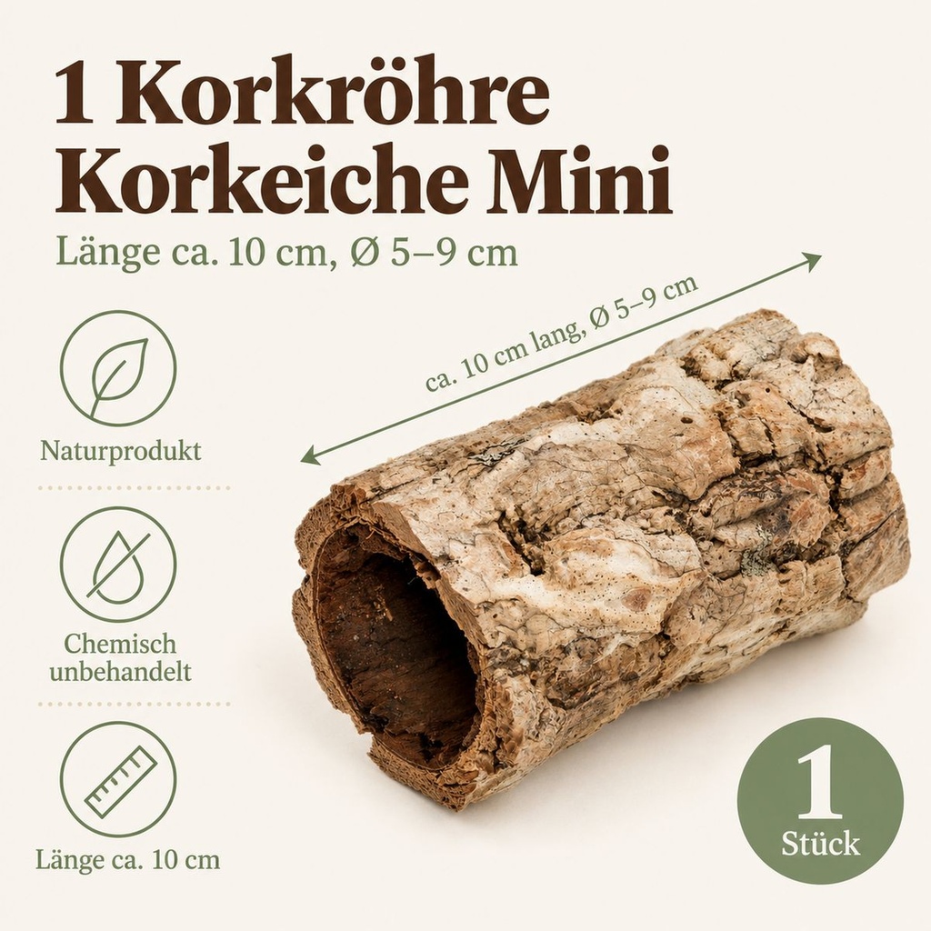 Hohle Korkröhre aus unbehandelter Rinde der Korkeiche: 10 cm lang, Ø 5 bis 9 cm – Maße und Lieferumfang auf einen Blick