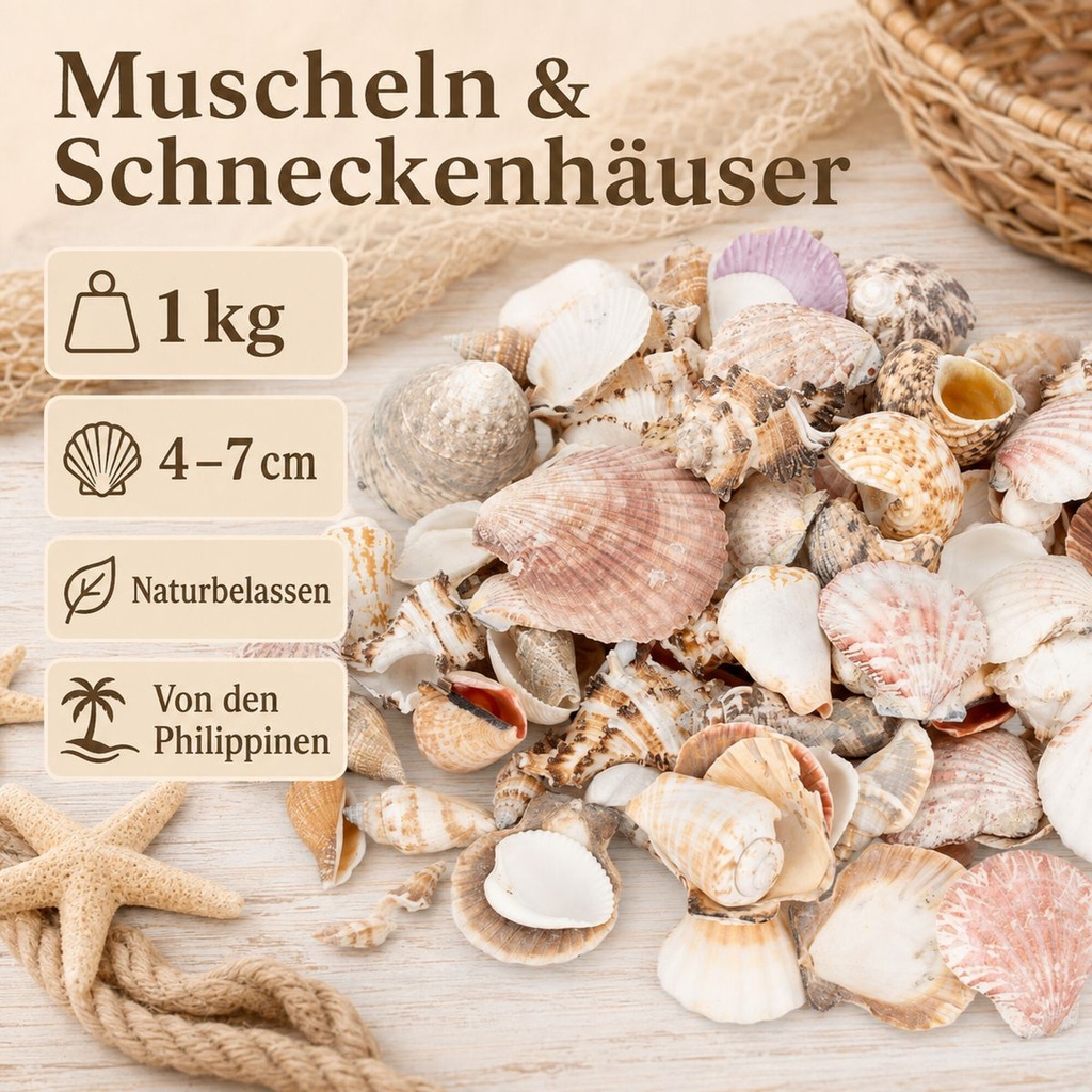 Muscheln und Schneckenhäuser mit Angaben 1 kg, 4-7 cm, naturbelassen, von den Philippinen
