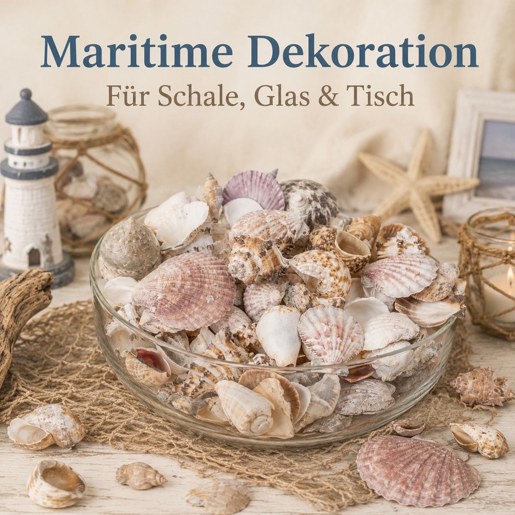 Muscheln und Schneckenhäuser — Glasschale gefüllt mit Muscheln, daneben Leuchtturm-Figur und Tau