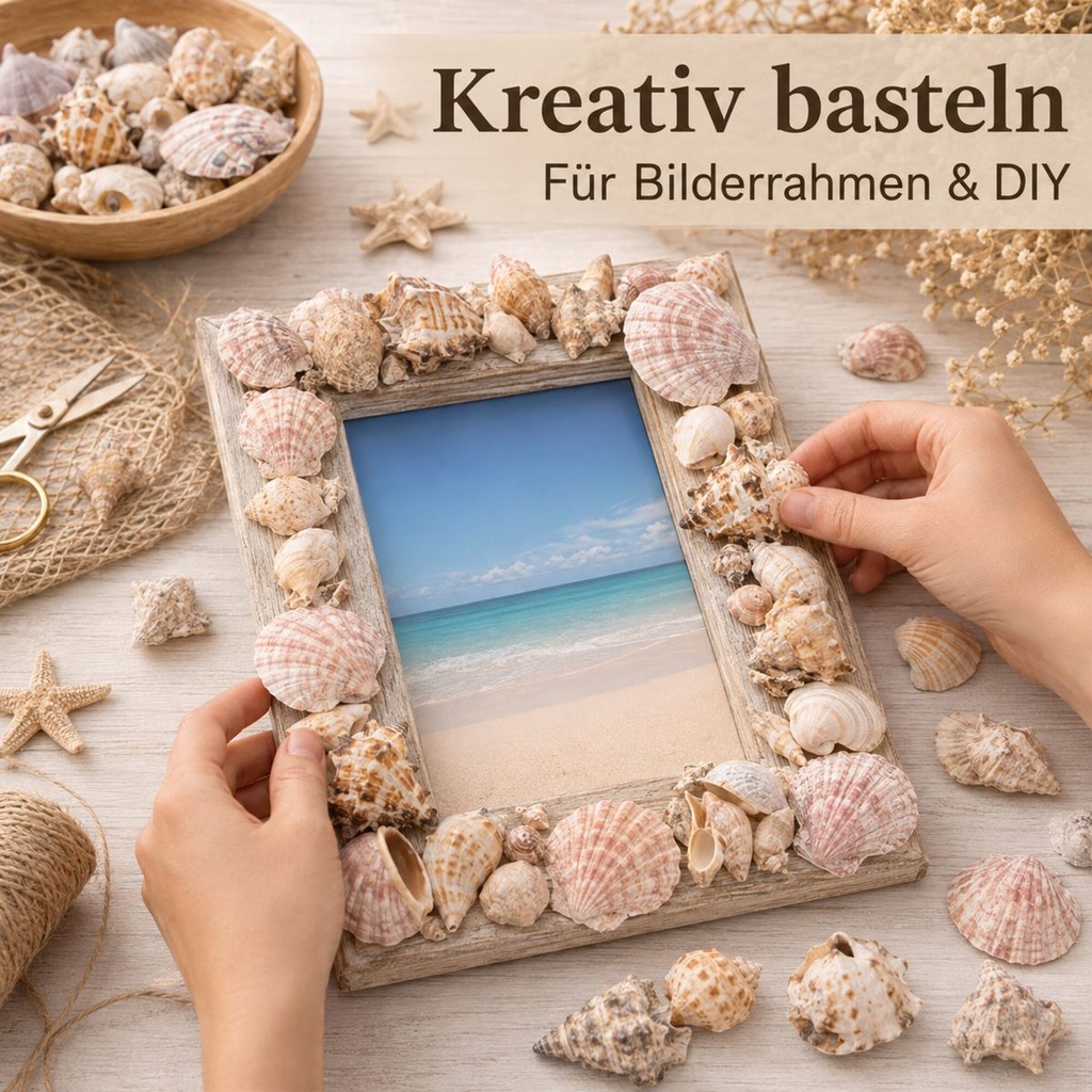 Muscheln und Schneckenhäuser — Hände bekleben einen Bilderrahmen rundherum mit Muscheln