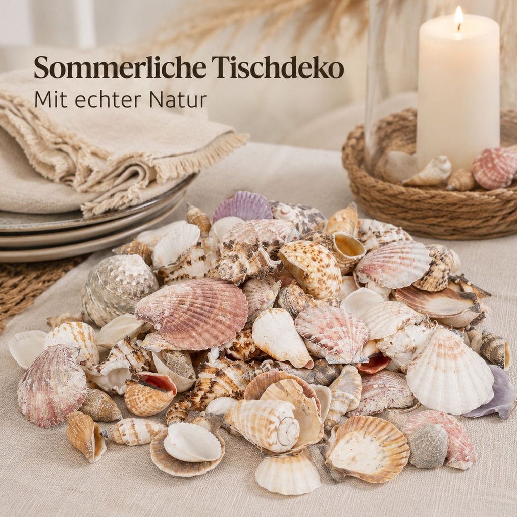 Muscheln und Schneckenhäuser — Tischdeko mit Muscheln, Kerze, Tellern und einem kleinen Nest