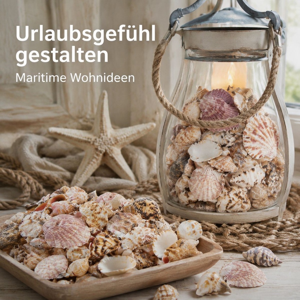 Muscheln und Schneckenhäuser im Raum — Windlicht mit Muscheln, Seestern und Holztablett