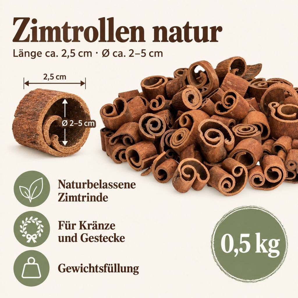 Zimtstangen dick, 30-40 Stück, 2.5 cm (Cinnamomum) – Maße und Liefermenge auf einen Blick