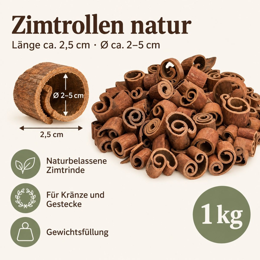 Zimtstangen dick, 60-80 Stück, 2.5 cm (Cinnamomum) – Maße und Liefermenge auf einen Blick