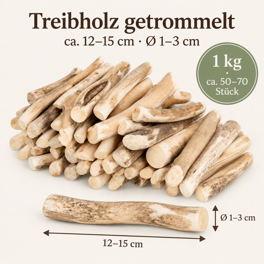 Treibholz getrommelt 1 kg, ca. 50-70 Stück, 12-15 cm, Schwemmholz – Maße