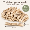 Treibholz getrommelt 1 kg, ca. 50-70 Stück, 12-15 cm, Schwemmholz – Maße