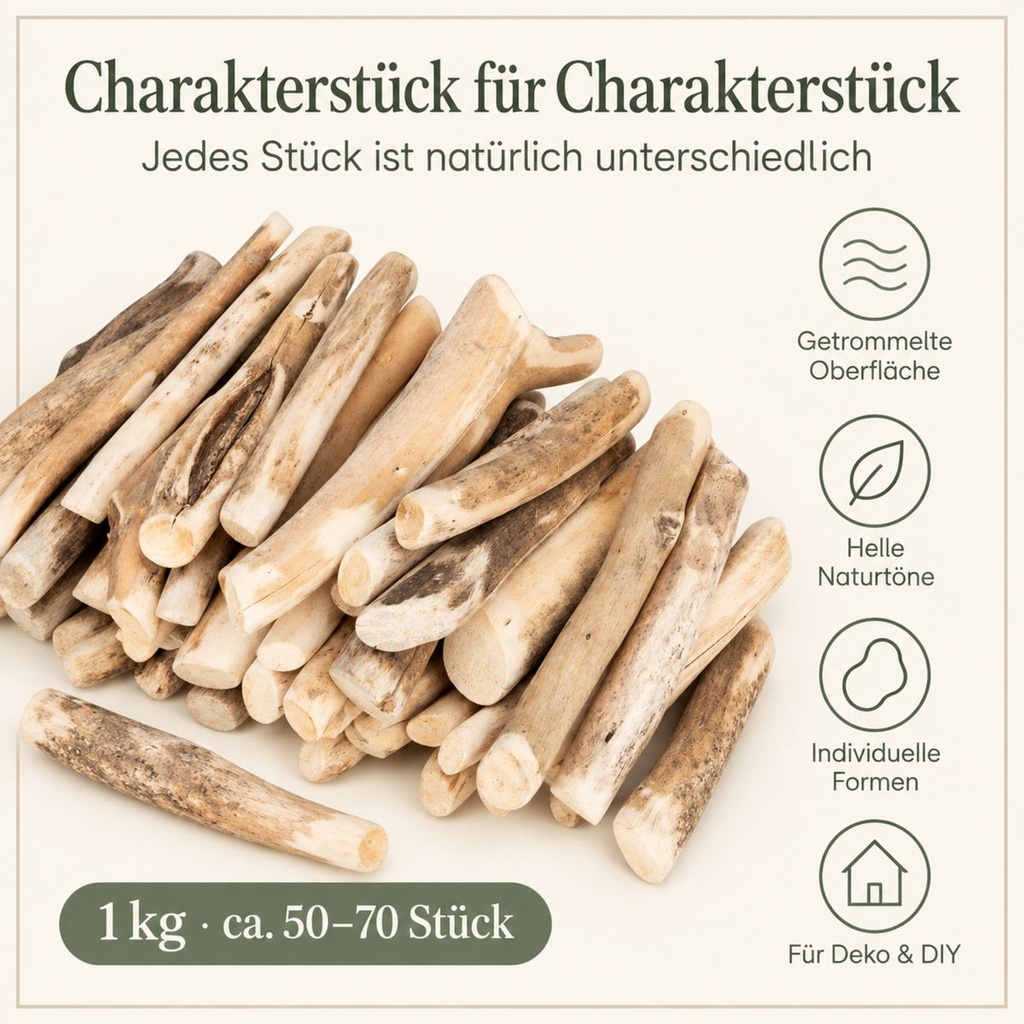 Treibholz getrommelt 1 kg, ca. 50-70 Stück, 12-15 cm, Schwemmholz – Eigenschaften