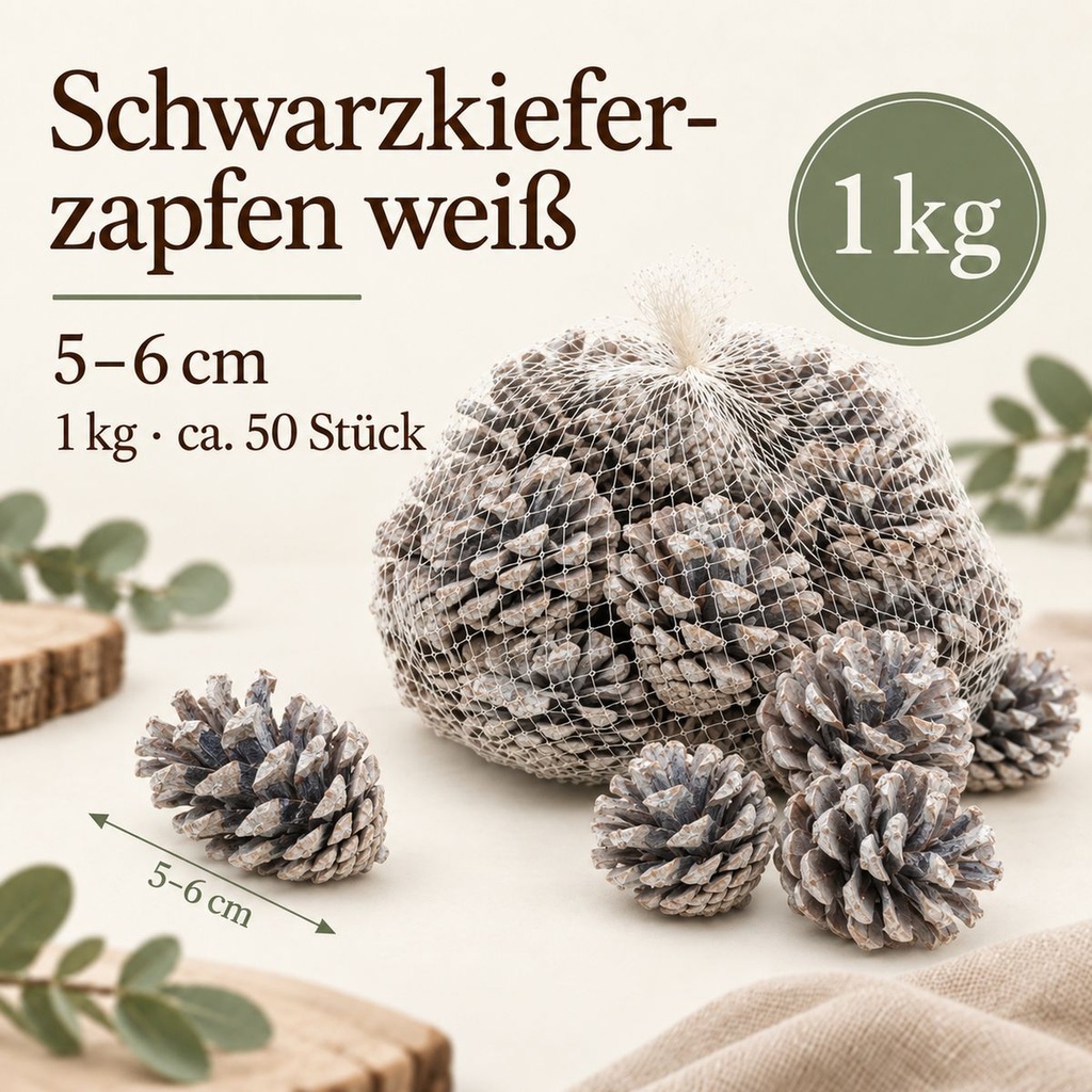 Tannenzapfen weiß 1 kg, ca. 50 Stück, 5-6 cm, Pinus nigra, gekalkt – Maße