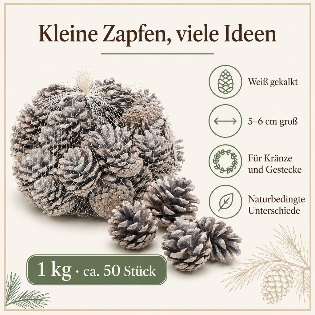 Tannenzapfen weiß 1 kg, ca. 50 Stück, 5-6 cm, Pinus nigra, gekalkt – Eigenschaften