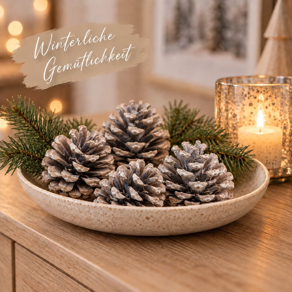 Tannenzapfen weiß 1 kg, ca. 50 Stück, 5-6 cm, Pinus nigra, gekalkt – Wohnszene