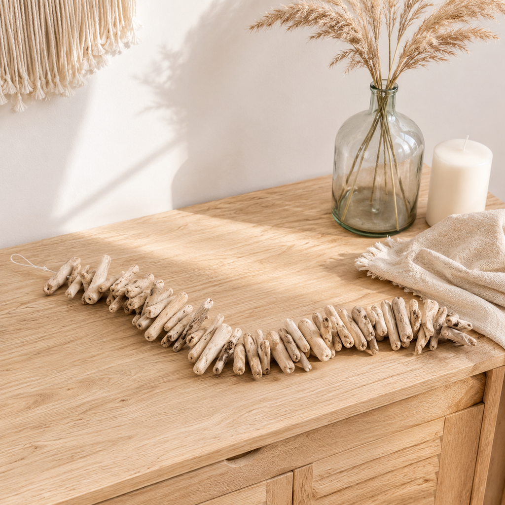 Treibholzkette im Raum — Sideboard mit Läufer, Glasvase und Kerzen vor heller Wand