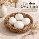 Zwölf ausgeblasene Enteneier mit weißer Schale auf dem Frühlingstisch, in einem flachen Weidennest auf Leinen