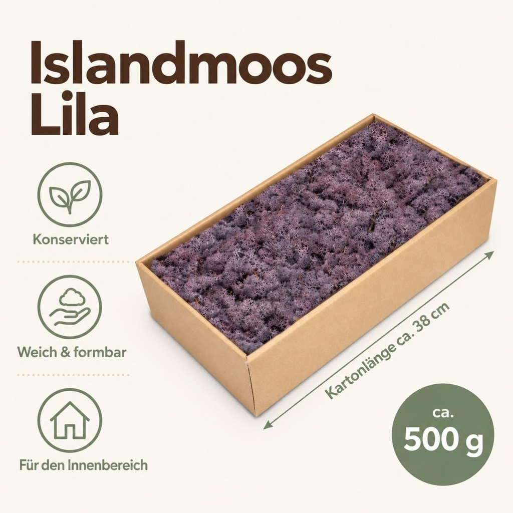 Islandmoos Lila, Lila, 500 g – Maße und Liefermenge auf einen Blick