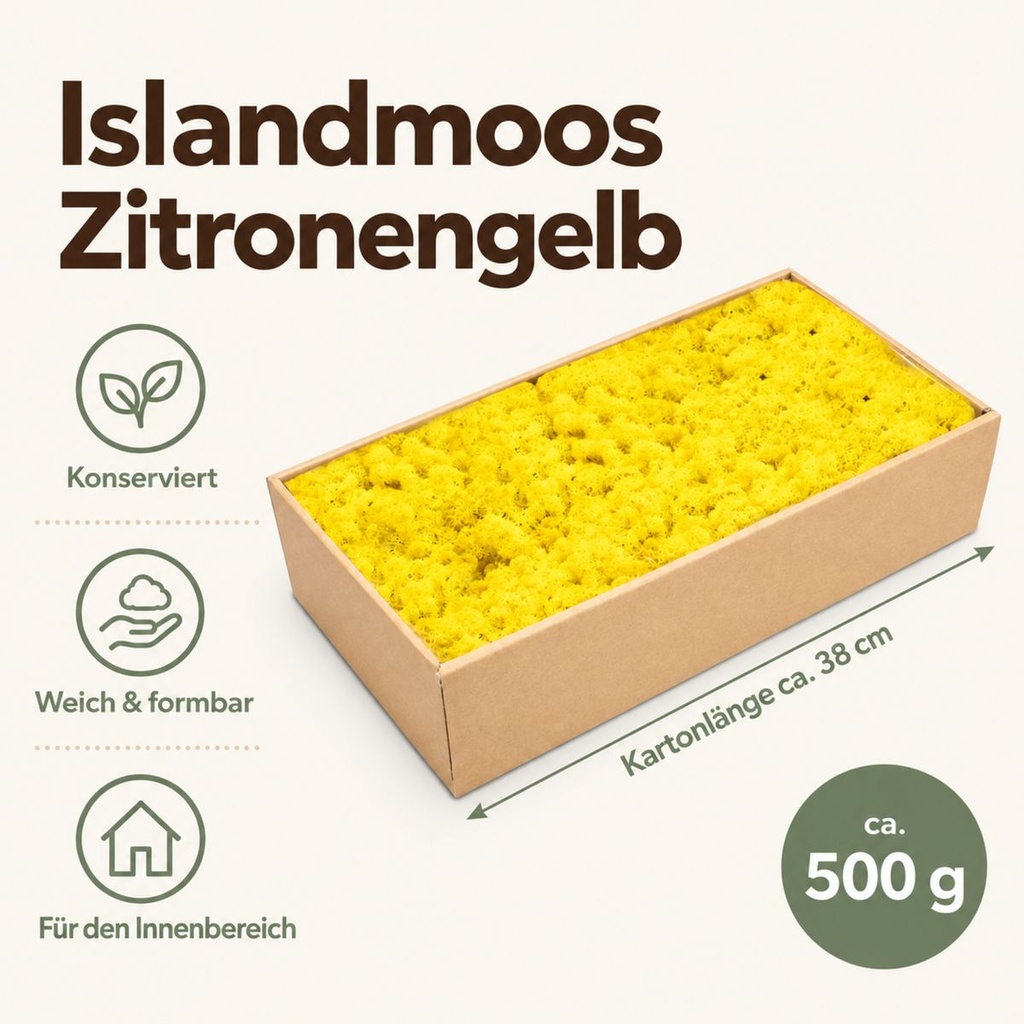 Islandmoos Zitronengelb, Zitronengelb, 500 g – Maße und Liefermenge auf einen Blick