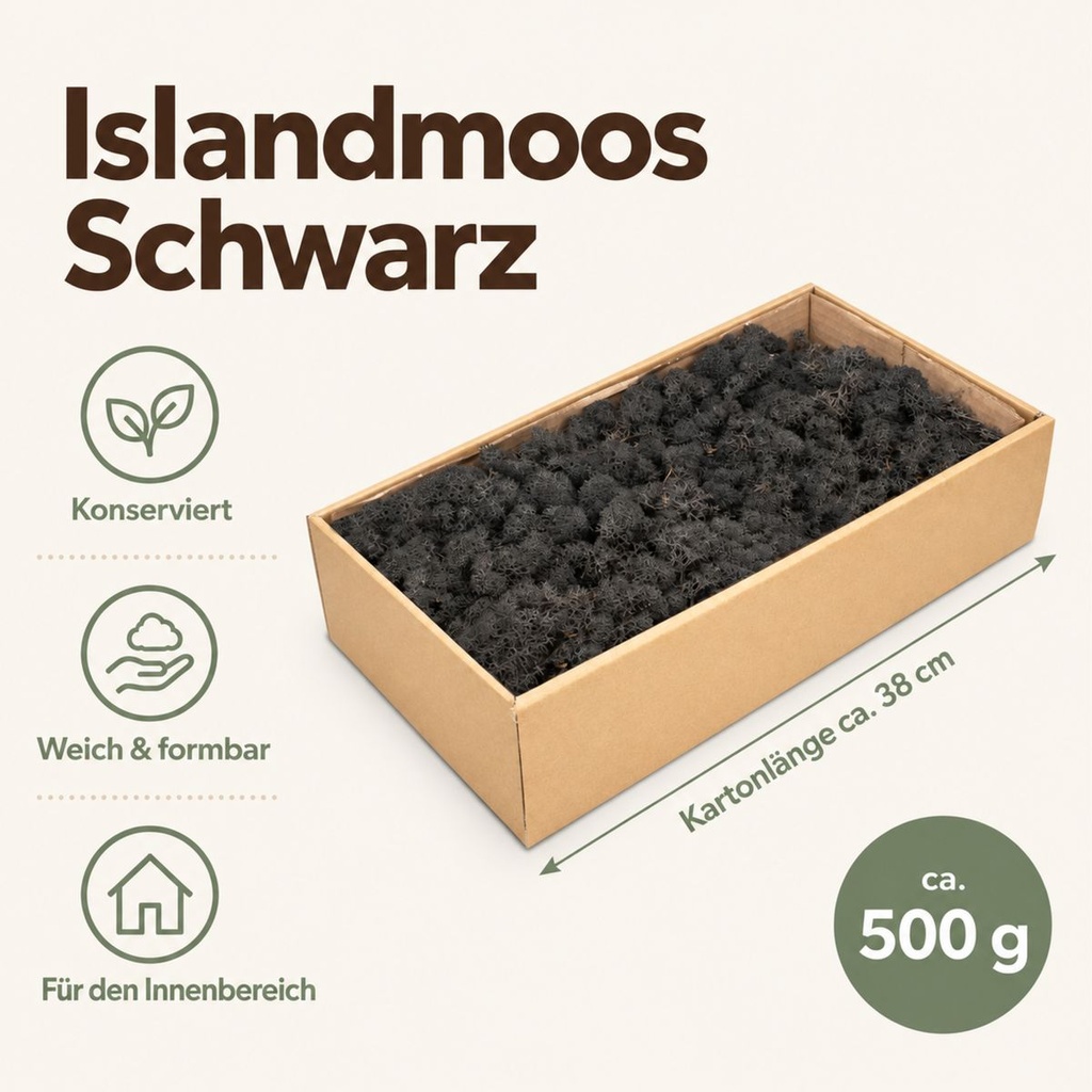 Islandmoos Schwarz, Schwarz, 500 g – Maße und Liefermenge auf einen Blick