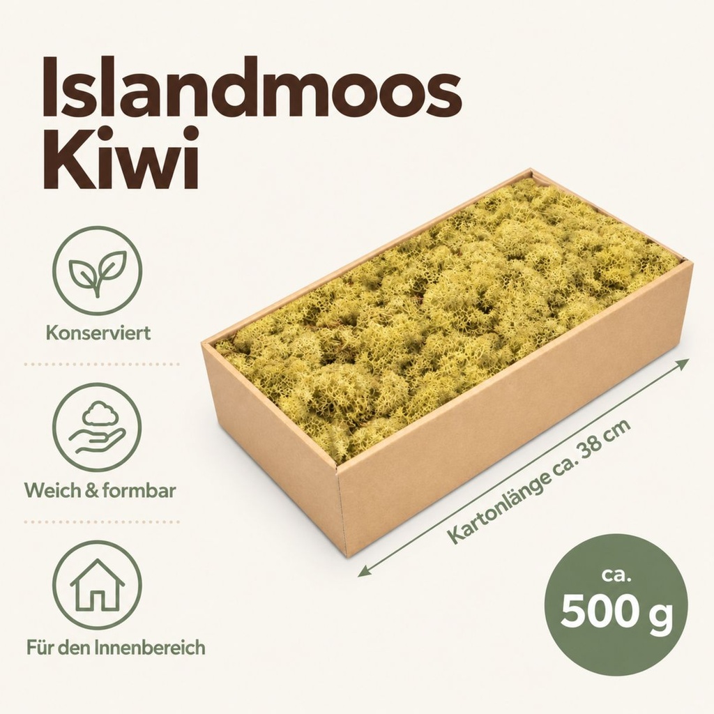 Islandmoos Kiwi, Kiwi, 500 g – Maße und Liefermenge auf einen Blick
