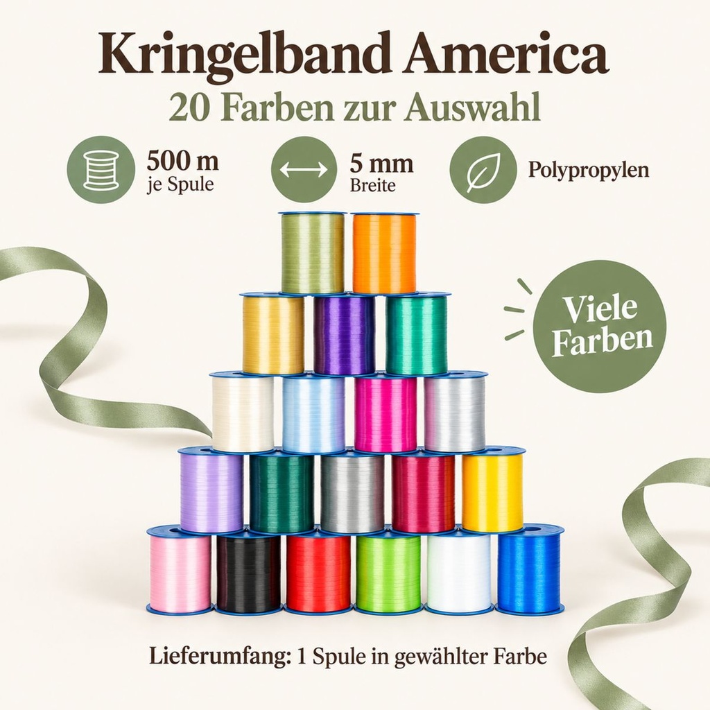 Kringelband America 500 m, 5 mm, Präsentband 20 Farben, Kräuselband – Maße