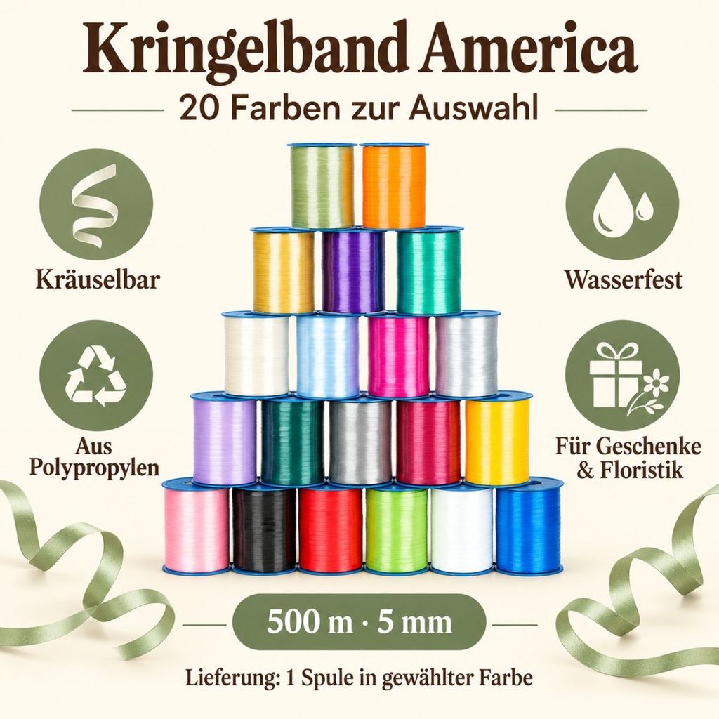 Kringelband America 500 m, 5 mm, Präsentband 20 Farben, Kräuselband – Eigenschaften