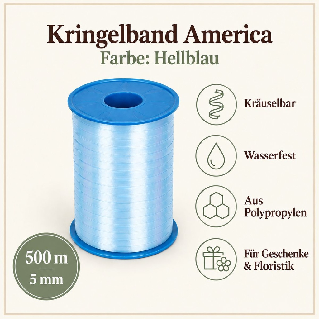 Kringelband America 500 m, 5 mm, Präsentband Hellblau, Kräuselband – Eigenschaften