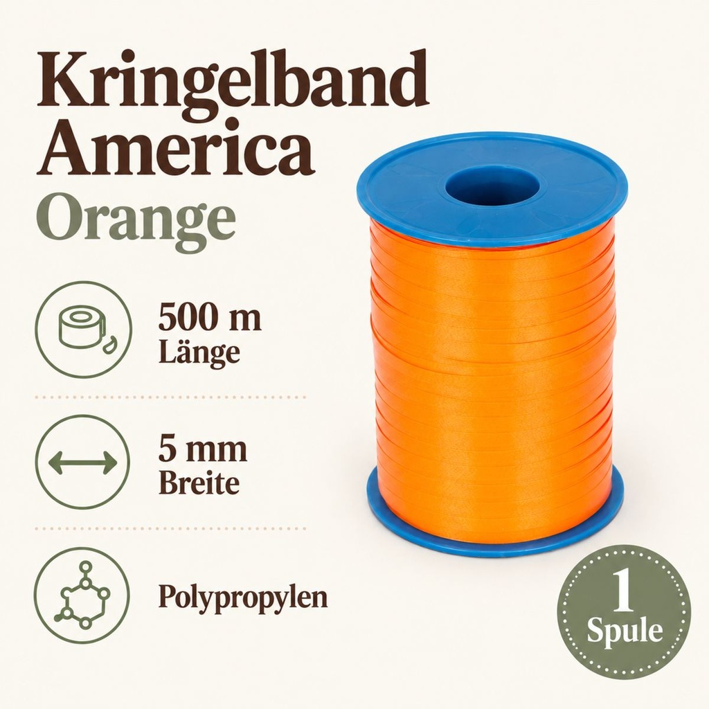 Kringelband America 500 m, 5 mm, Präsentband Orange, Kräuselband – Maße