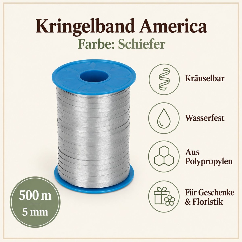 Kringelband America 500 m, 5 mm, Präsentband Schiefer, Kräuselband – Eigenschaften