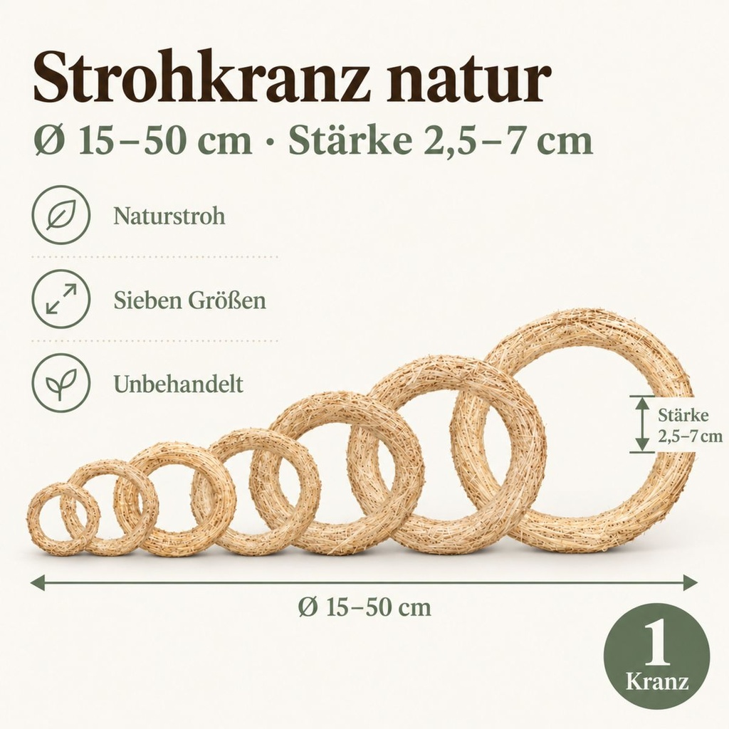 sieben Groessen Strohkranz natur