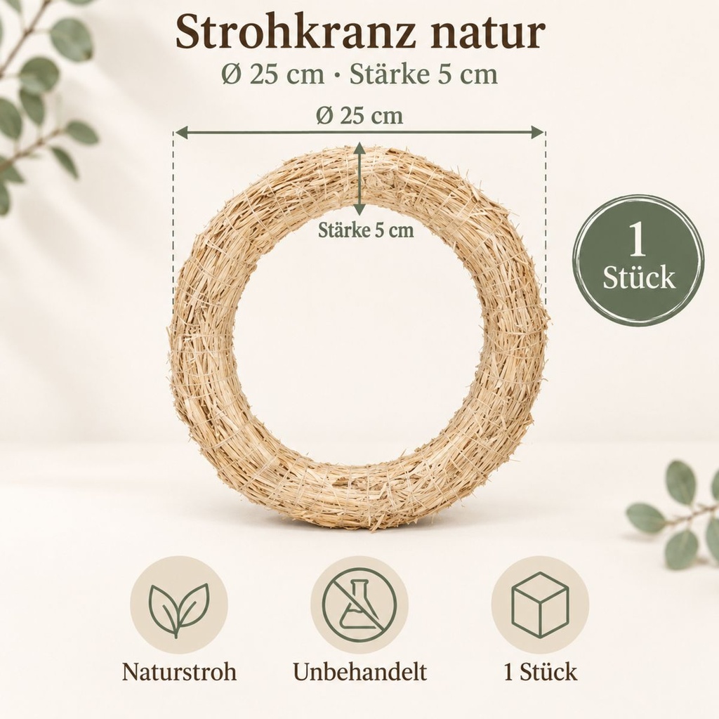 Strohkranz natur, beige, Ø 25 cm, H 5 cm – Maße und Liefermenge auf einen Blick