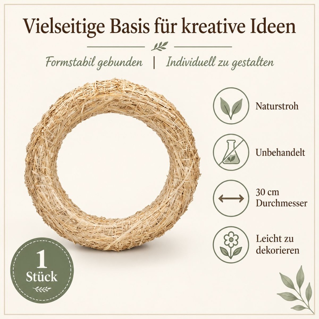 Strohkranz natur, beige, Ø 30 cm, H 5.5 cm – Eigenschaften im Überblick