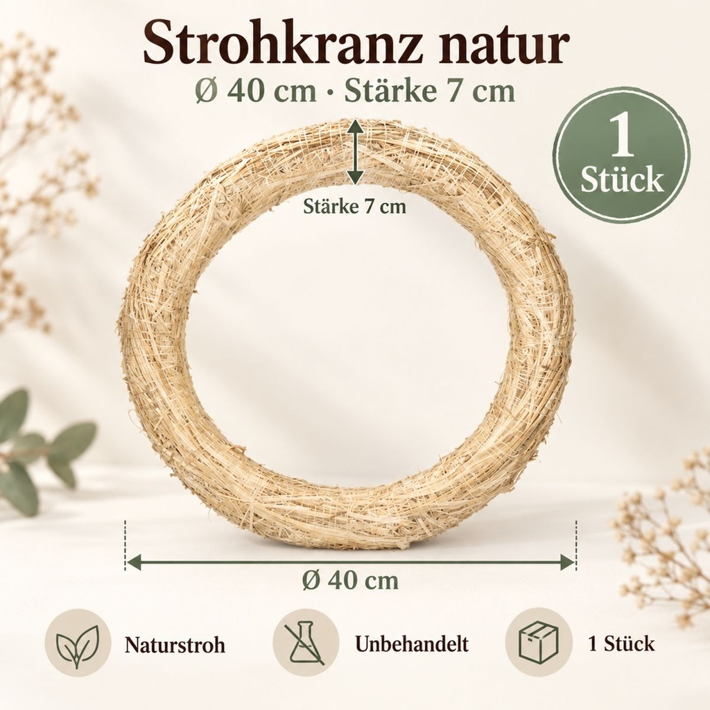 Strohkranz natur, beige, Ø 40 cm, H 7 cm – Maße und Liefermenge auf einen Blick
