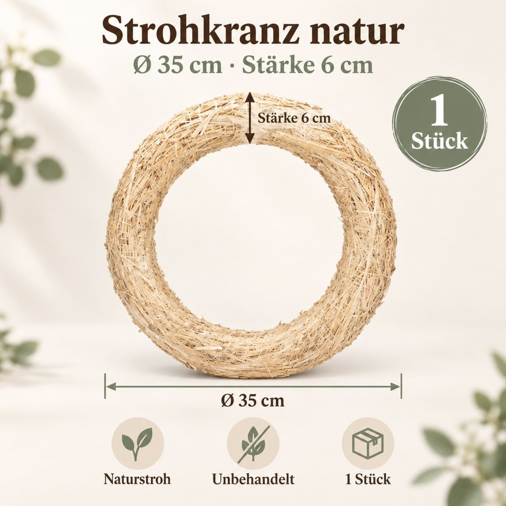Strohkranz natur, beige, Ø 35 cm, H 6 cm – Maße und Liefermenge auf einen Blick