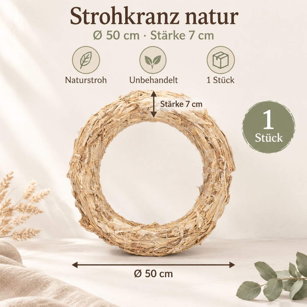 Strohkranz natur, beige, Ø 50 cm, H 7 cm – Maße und Liefermenge auf einen Blick