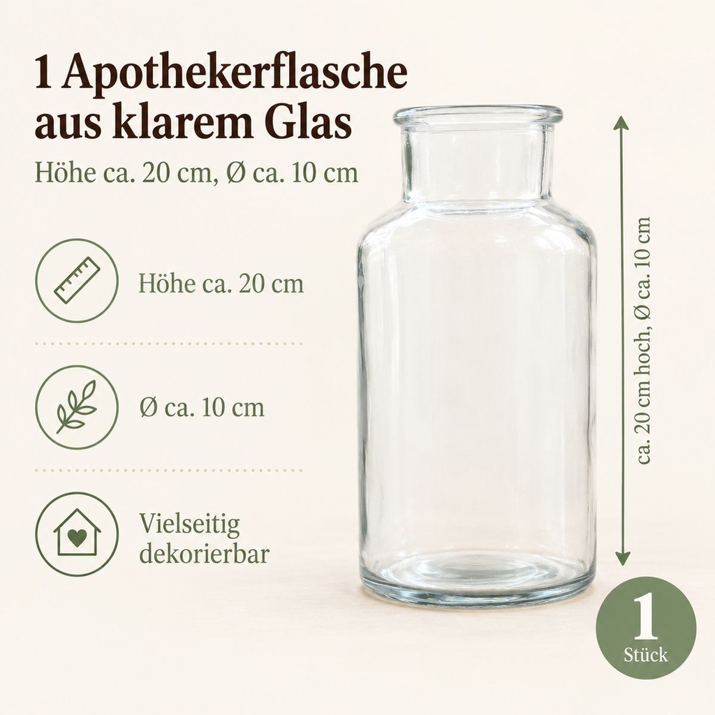 Apothekerflasche aus klarem Glas im Vintage-Look: 20 cm hoch, Ø 10 cm – Maße und Lieferumfang auf einen Blick