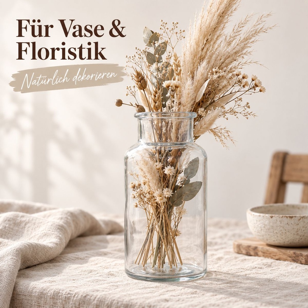 Apothekerflasche aus klarem Glas im Vintage-Look als Vase mit Trockengräsern und Pampasgras auf der Leinentischdecke
