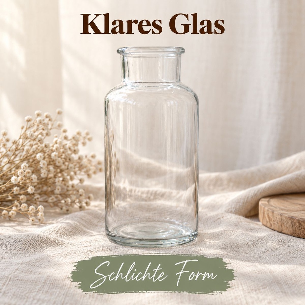 Apothekerflasche aus klarem Glas im Vintage-Look: Nahaufnahme von Schulter und Halsansatz mit der Lichtbrechung im Glas