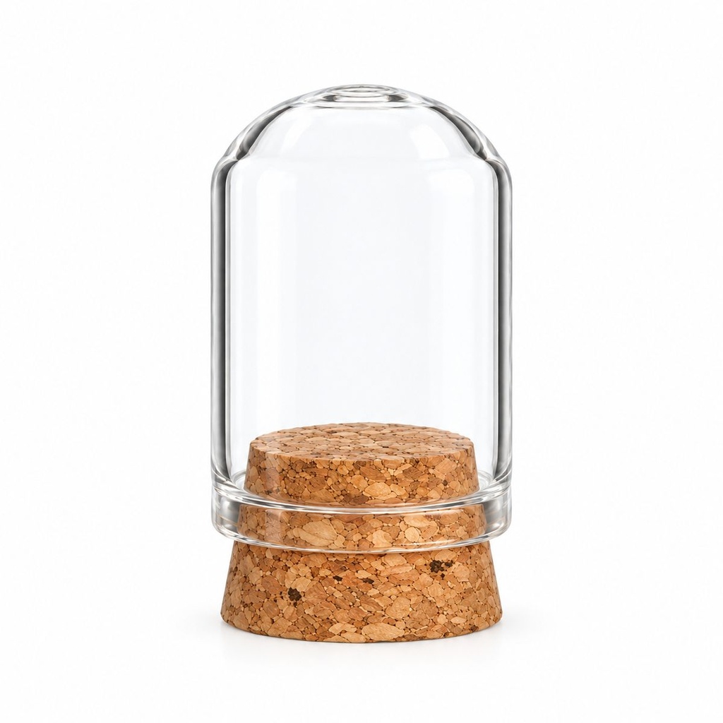 Glasdom Mini – Beispielgröße Ø2 ×4 cm: leerer Glasdom mit Korksockel auf weißem Hintergrund