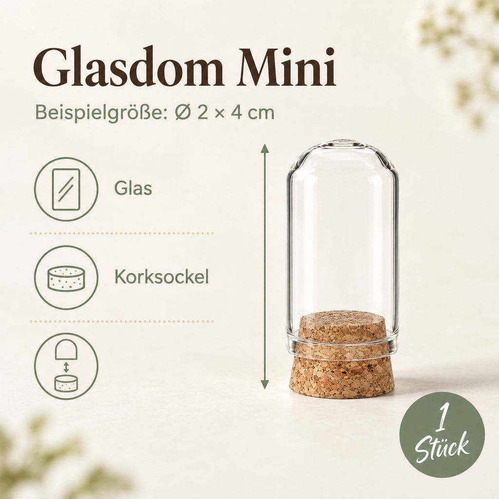 Glasdom Mini – Beispielgröße Ø2 ×4 cm: Maße und Lieferumfang: ein Glasdom mit Korksockel