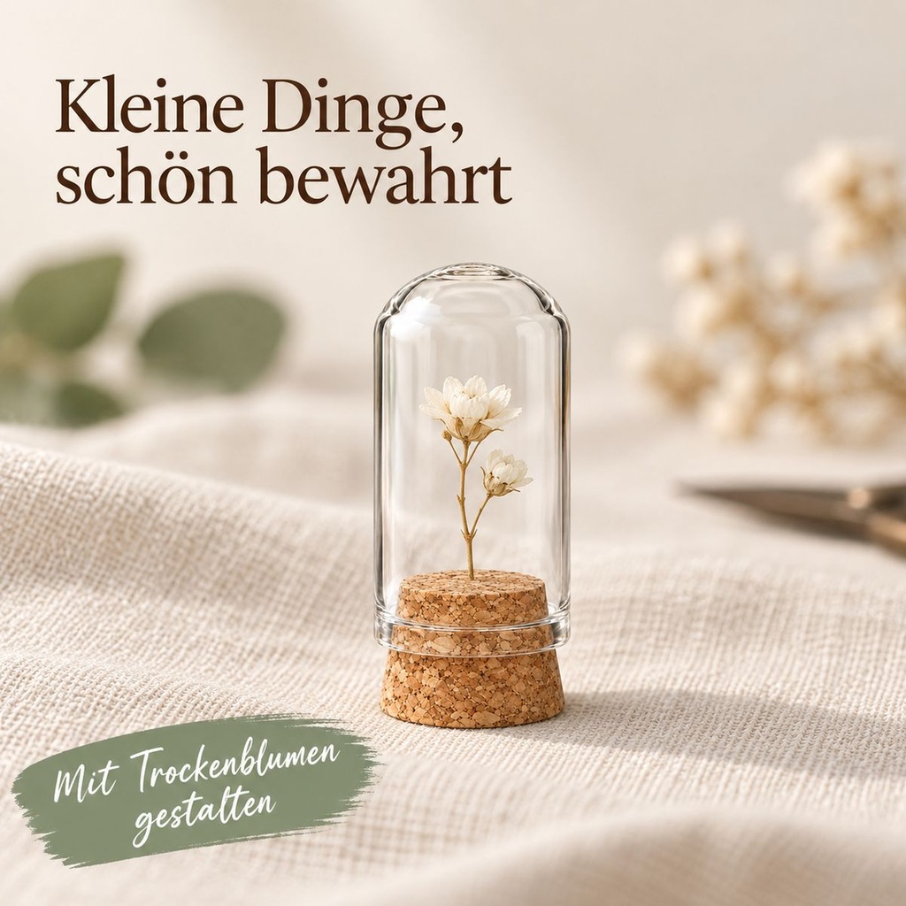 Glasdom Mini – Beispielgröße Ø2 ×4 cm: mit kleiner Trockendekoration unter geschlossenem Glas auf Leinen
