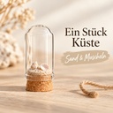 Glasdom Mini – Beispielgröße Ø2 ×4 cm: mit hellem Sand und kleinen Muscheln auf Eichenholz