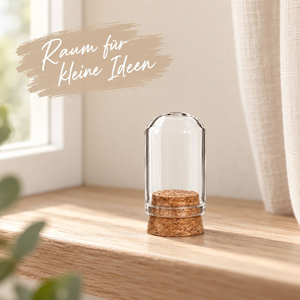 Glasdom Mini – Beispielgröße Ø2 ×4 cm: leerer Glasdom auf heller Fensterbank