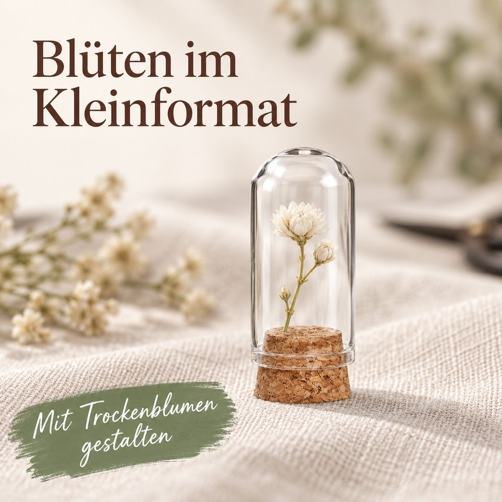 Glasdom Mini, Ø2 ×4 cm – mit kleiner Trockendekoration unter geschlossenem Glas auf Leinen