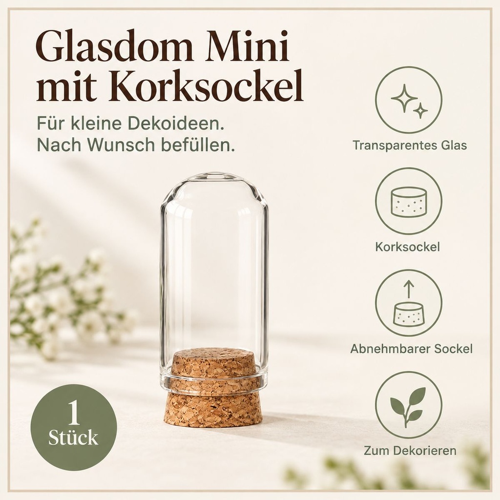 Glasdom Mini, Ø2 ×4 cm – transparentes Glas und abnehmbarer Korksockel im Überblick