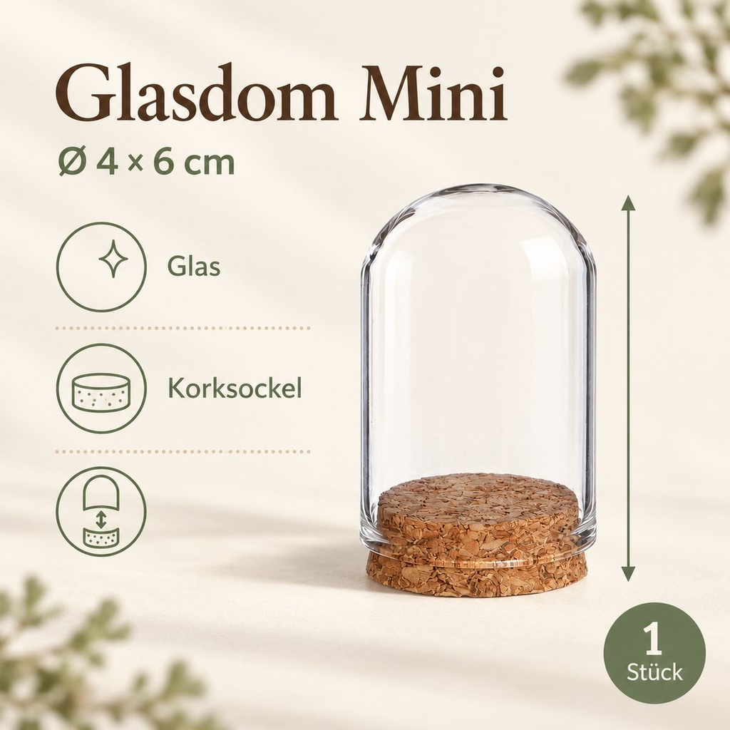 Glasdom Mini, Ø4 ×6 cm – Maße und Lieferumfang: ein Glasdom mit Korksockel