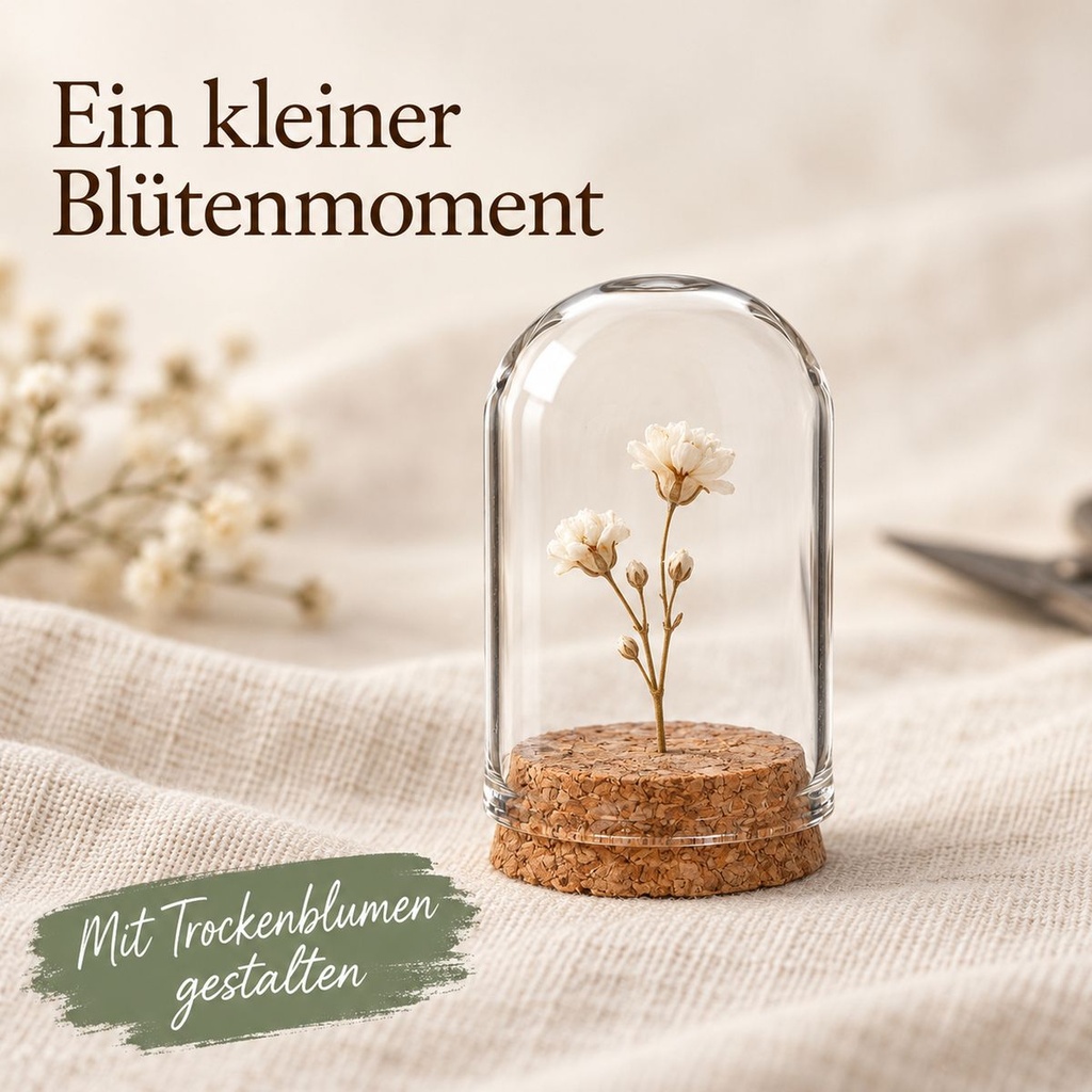 Glasdom Mini, Ø4 ×6 cm – mit kleiner Trockendekoration unter geschlossenem Glas auf Leinen