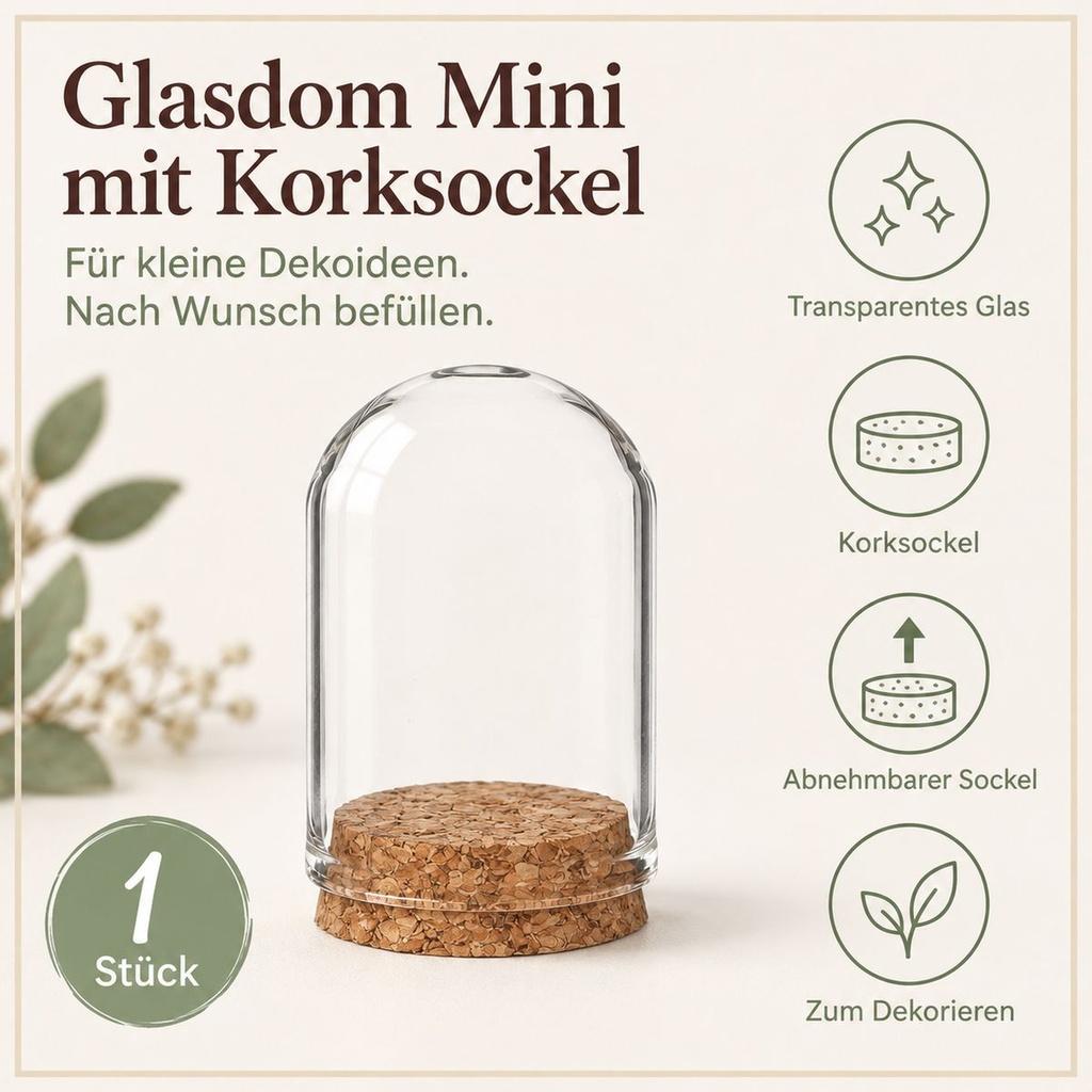 Glasdom Mini, Ø4 ×6 cm – transparentes Glas und abnehmbarer Korksockel im Überblick