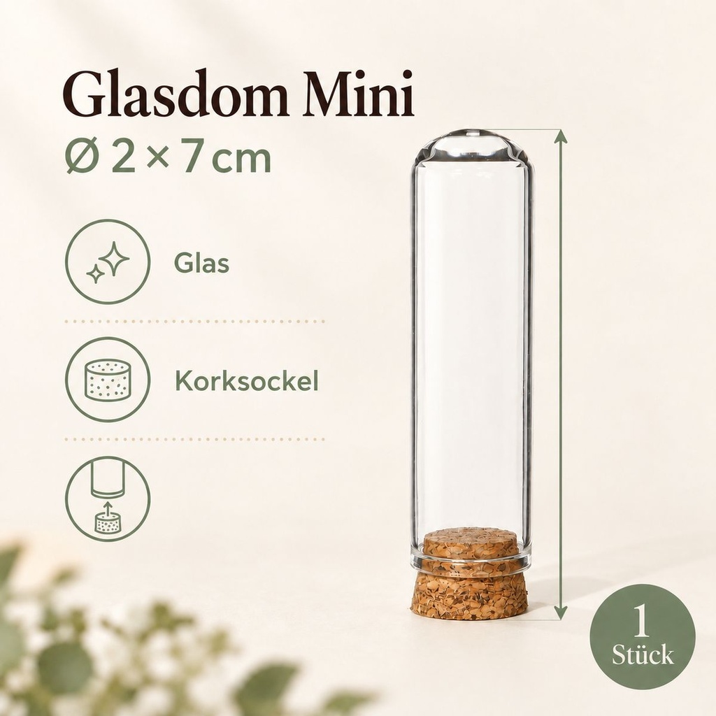 Glasdom Mini, Ø2 ×7 cm – Maße und Lieferumfang: ein Glasdom mit Korksockel