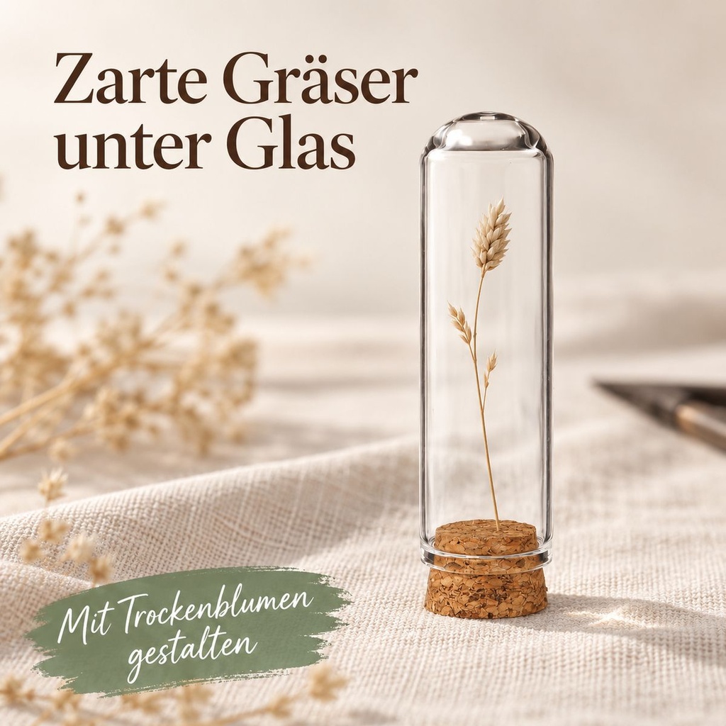 Glasdom Mini, Ø2 ×7 cm – mit kleiner Trockendekoration unter geschlossenem Glas auf Leinen